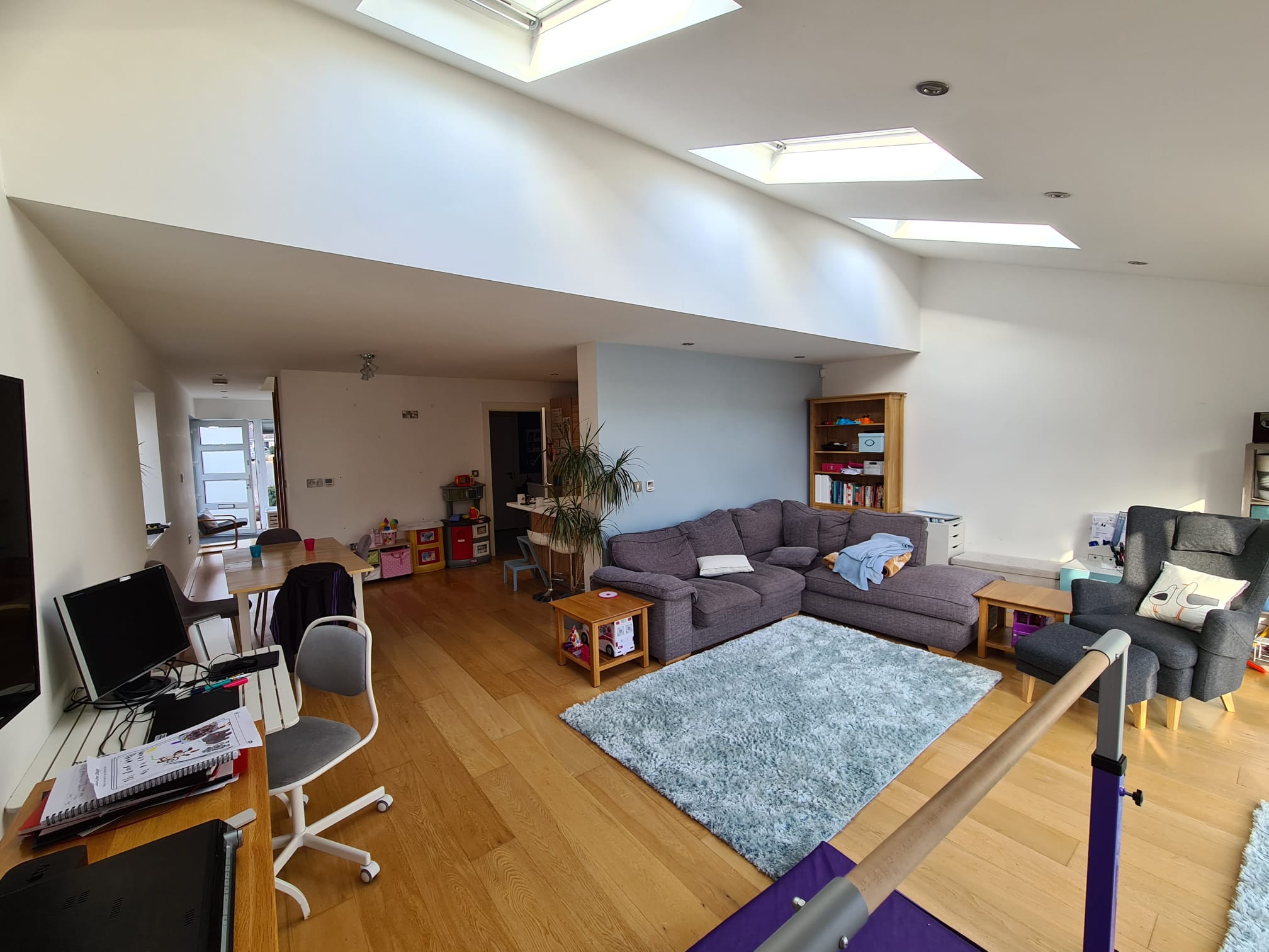Large open-plan living room under roof lights